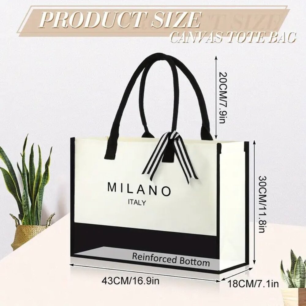 ๐Milano Italy Print Canvas Tote Bag w/ Bow Capacity, Waterproof - Picture 8 of 8